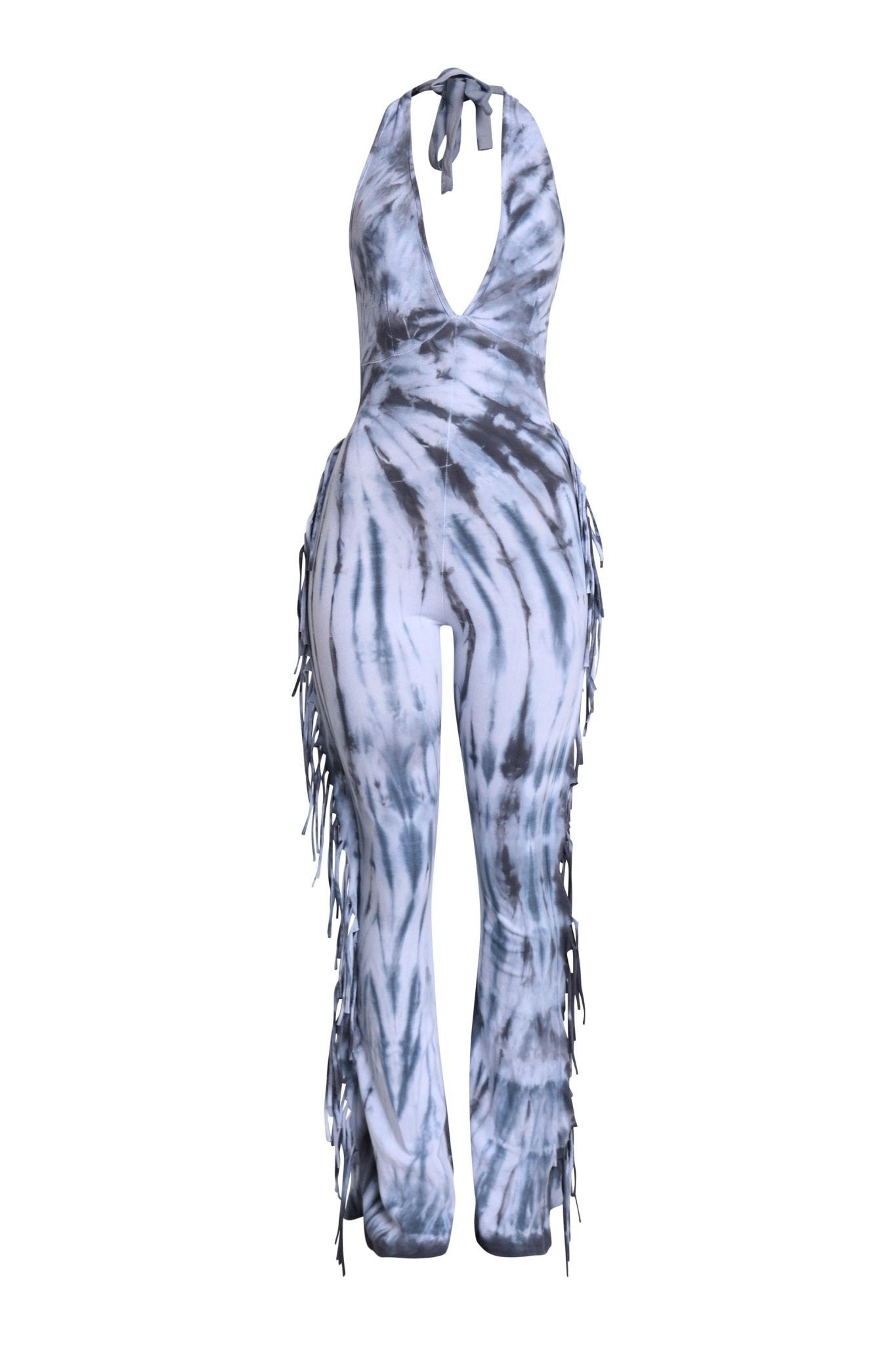 Rodeo Baddie Tie - Dye Fringed Halter Jumpsuit - Bold, flirty, and made to move! - Blaire Shops