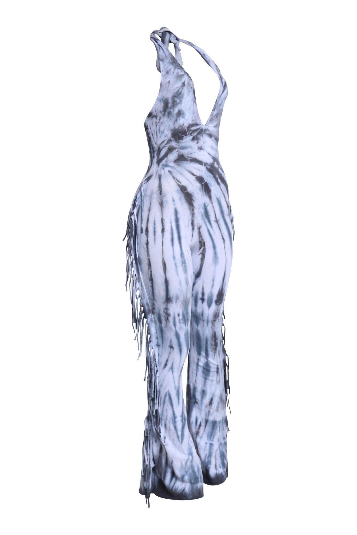 Rodeo Baddie Tie - Dye Fringed Halter Jumpsuit - Bold, flirty, and made to move! - Blaire Shops