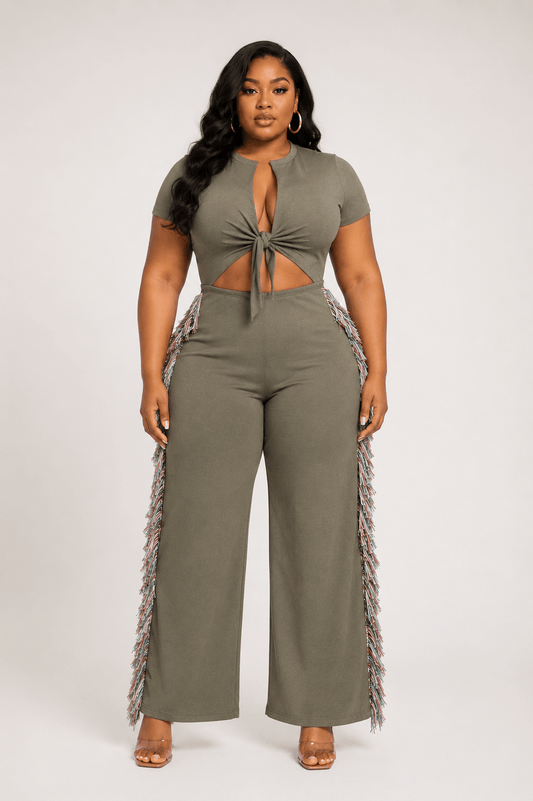 Rodeo Queen Plus Size Fringe Jumpsuit – Wide Leg with Tassel Detail - Olive JUMPSUIT for women Vacation Outfits Birthday Dresses Going Out Looks