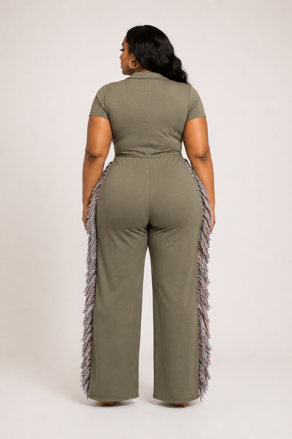 Rodeo Queen Plus Size Fringe Jumpsuit – Wide Leg with Tassel Detail - Olive JUMPSUIT for women Vacation Outfits Birthday Dresses Going Out Looks