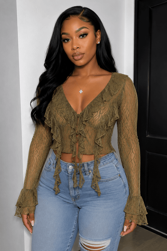 Romantic Ruffle Mesh Top – Sheer Long Sleeve Blouse - Olive top for women Vacation Outfits Birthday Dresses Going Out Looks