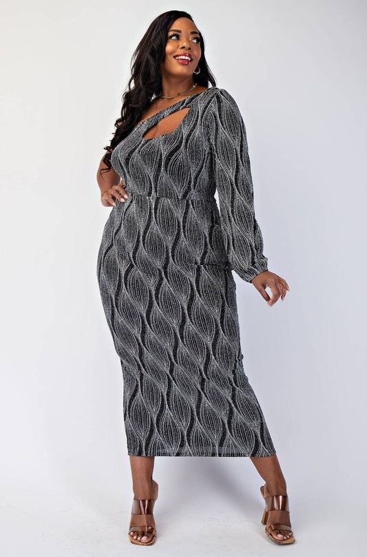 SABRINA PLUS SIZE GLITTER KNIT ONE SHOULDER DRESS WITH CUTOUT - Blaire Shops