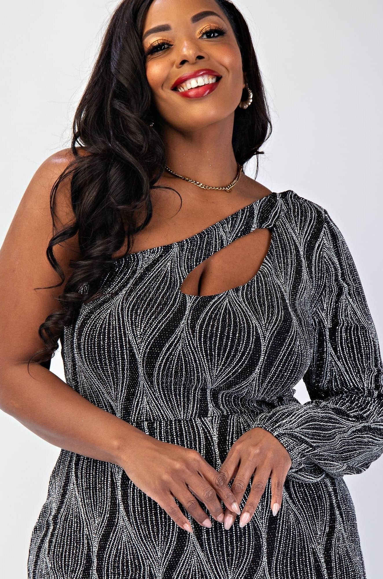 SABRINA PLUS SIZE GLITTER KNIT ONE SHOULDER DRESS WITH CUTOUT - Blaire Shops