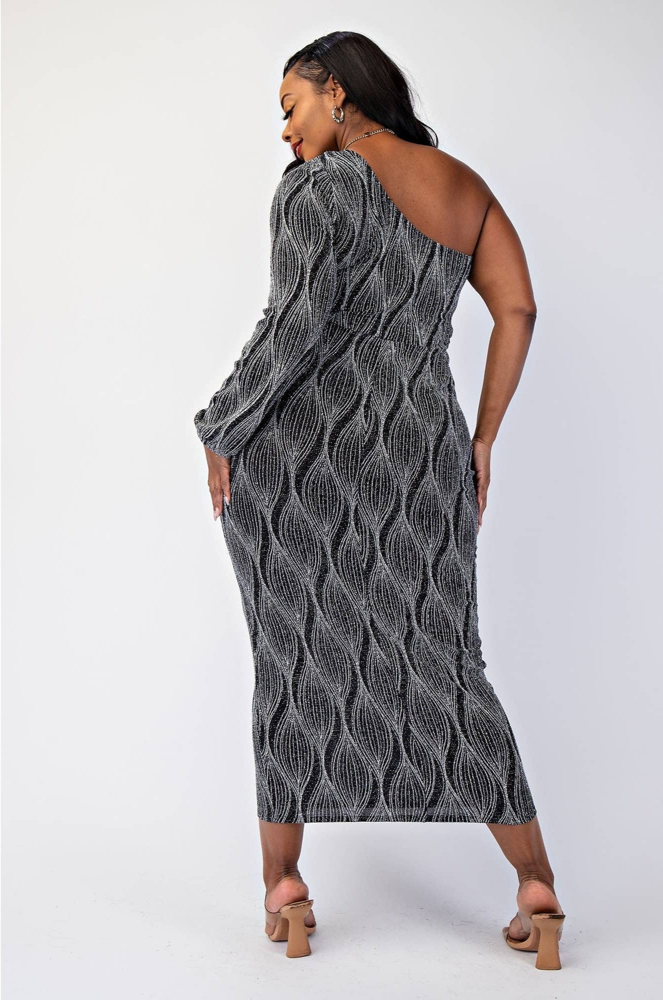 SABRINA PLUS SIZE GLITTER KNIT ONE SHOULDER DRESS WITH CUTOUT - Blaire Shops
