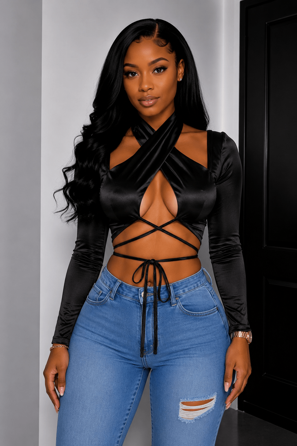 Sadie Long Sleeve Front Wrap and Cross Straps Crop Top - S Crop Top for women Vacation Outfits Birthday Dresses Going Out Looks