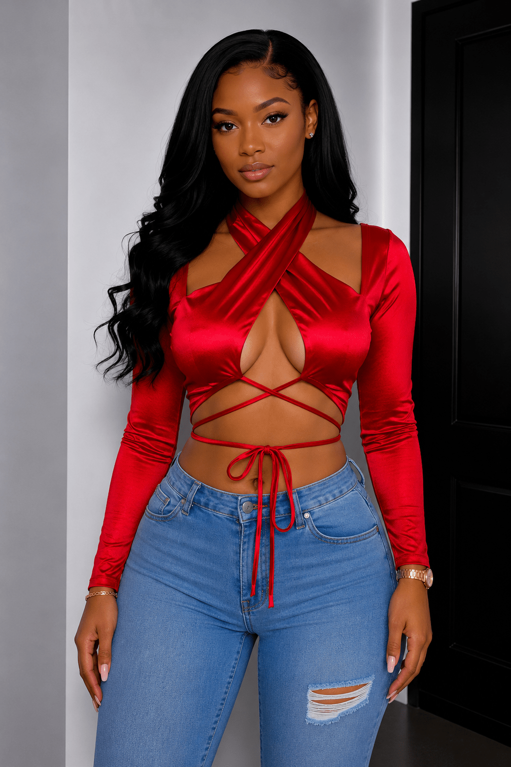 Sadie Long Sleeve Front Wrap and Cross Straps Crop Top - S Crop Top for women Vacation Outfits Birthday Dresses Going Out Looks