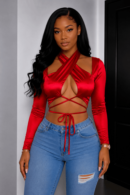 Sadie Long Sleeve Front Wrap and Cross Straps Crop Top - S Crop Top for women Vacation Outfits Birthday Dresses Going Out Looks