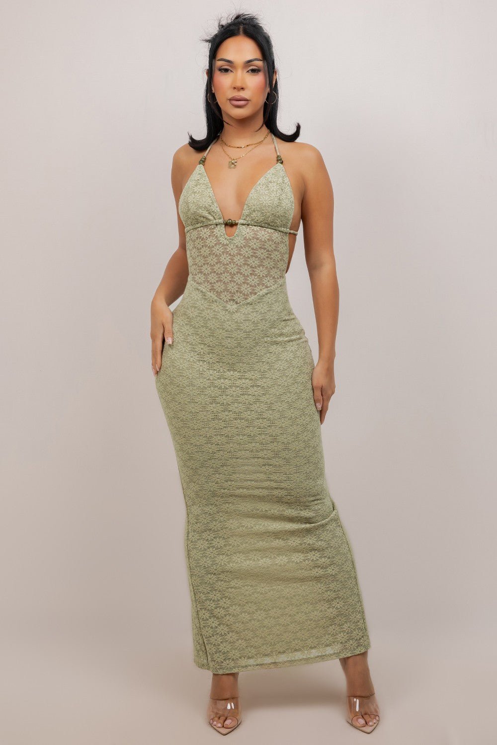 Sage Beaded Halter Lace Maxi Dress With Back Slit - Sage DRESS for women Vacation Outfits Birthday Dresses Going Out Looks