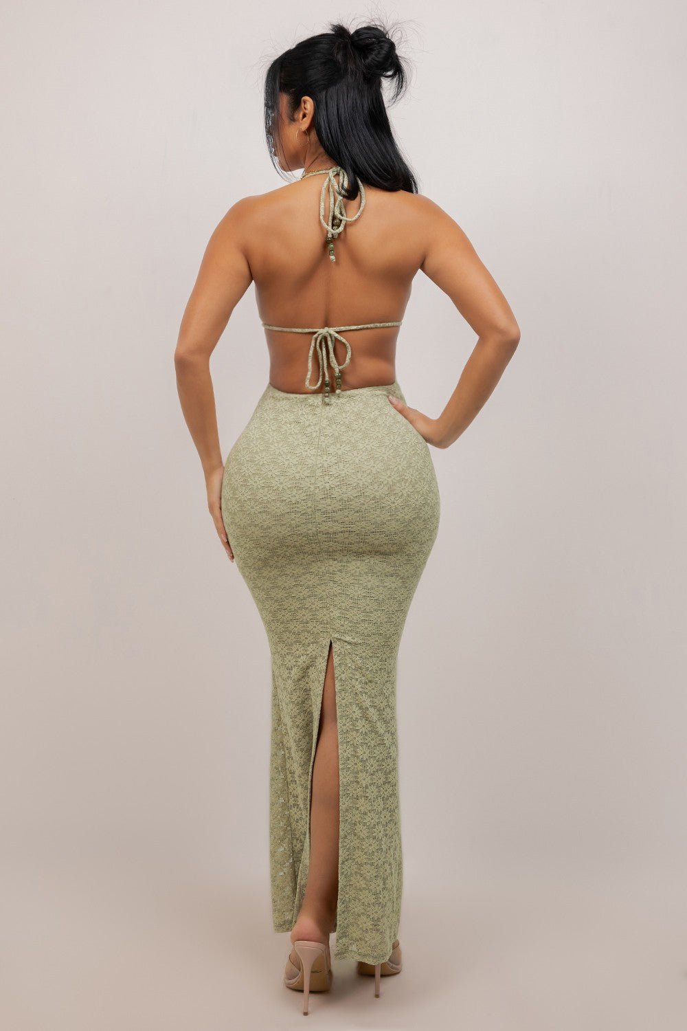 Sage Beaded Halter Lace Maxi Dress With Back Slit - Sage DRESS for women Vacation Outfits Birthday Dresses Going Out Looks