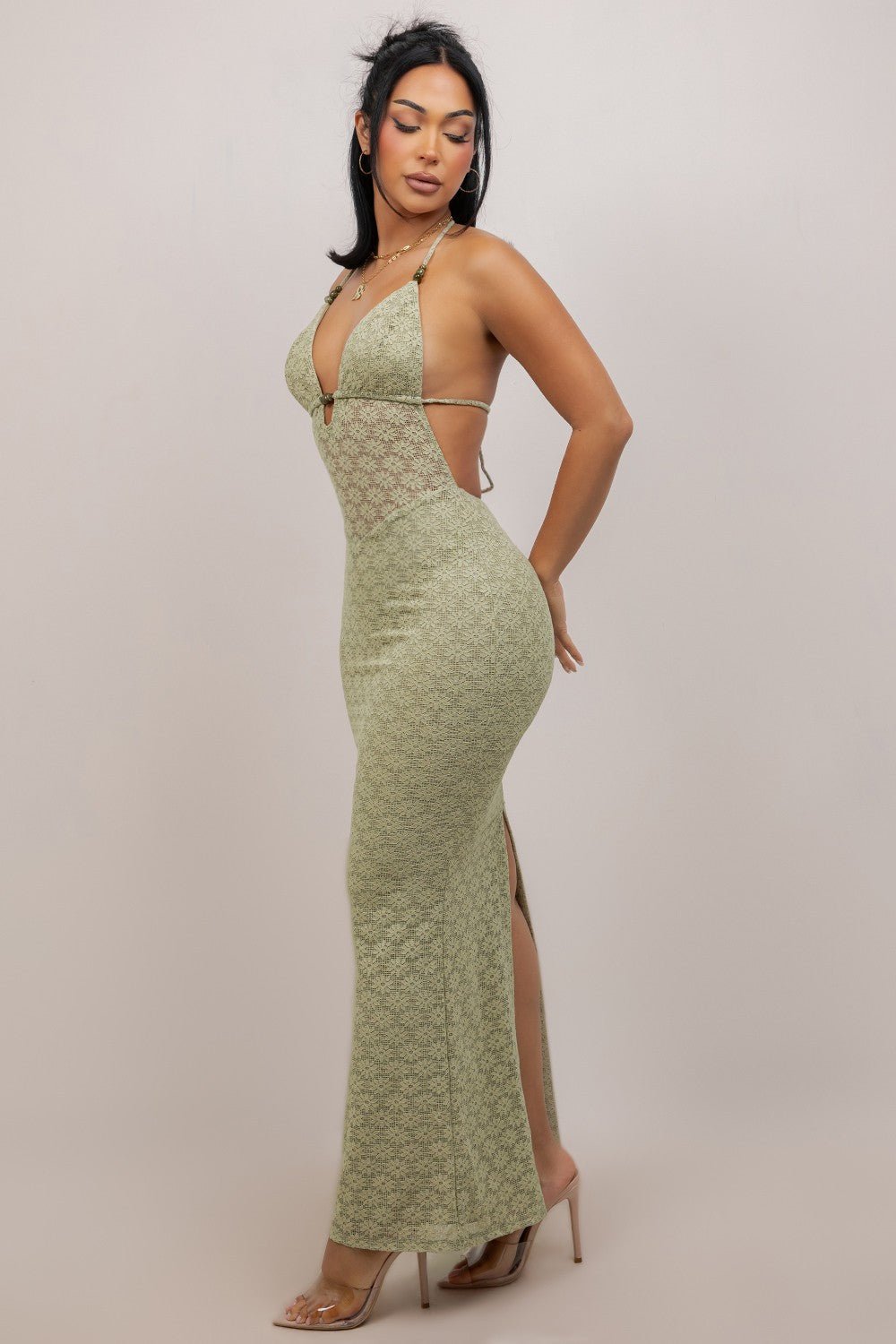 Sage Beaded Halter Lace Maxi Dress With Back Slit - Sage DRESS for women Vacation Outfits Birthday Dresses Going Out Looks