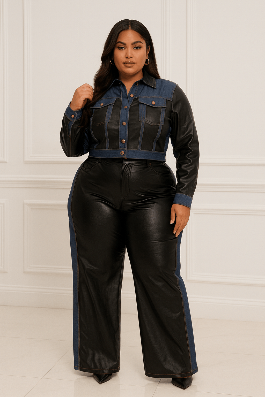 Samara Plus Size Denim Contrast Jacket And Pant Set - Blaire Shops