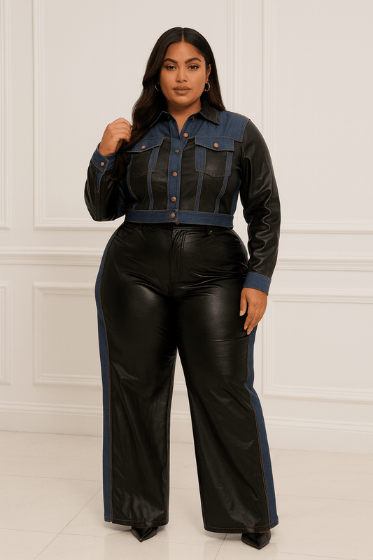 Samara Plus Size Denim Contrast Jacket And Pant Set - Blaire Shops
