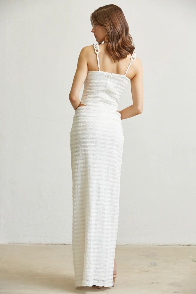 Santorini Chain Strap Textured Knit Bodysuit & Maxi Skirt Set - Ivory outfit for women Vacation Outfits Birthday Dresses Going Out Looks