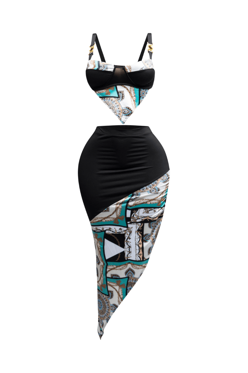 Santorini Contrast Fabric Top And Asymmetrical Skirt - Blaire Shops