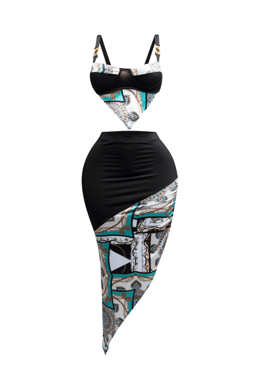 Santorini Contrast Fabric Top And Asymmetrical Skirt - Blaire Shops