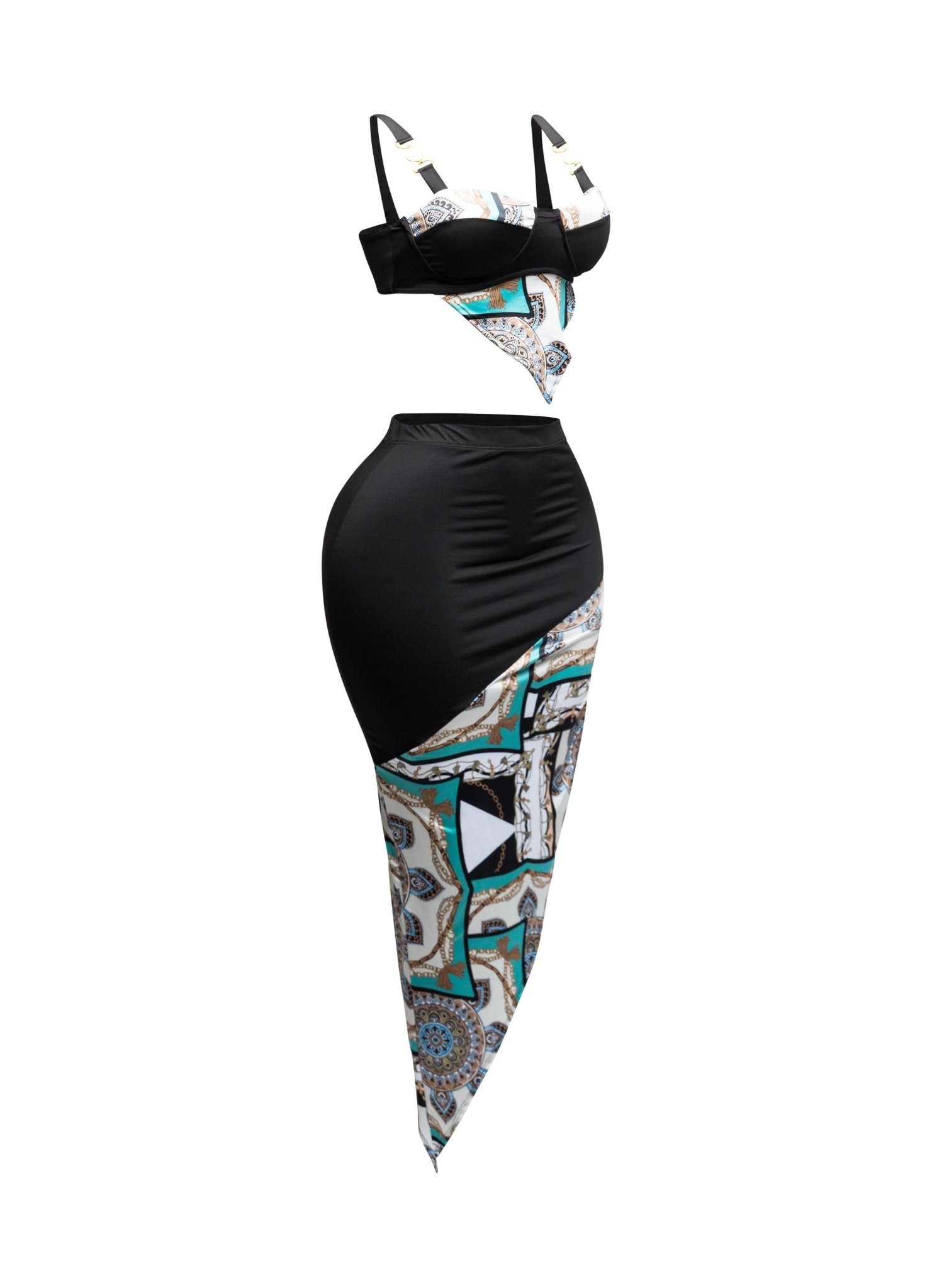 Santorini Contrast Fabric Top And Asymmetrical Skirt - Blaire Shops