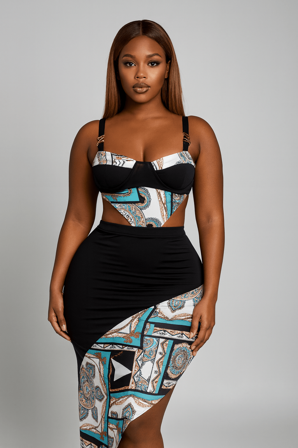 Santorini Contrast Fabric Top And Asymmetrical Skirt - Blaire Shops