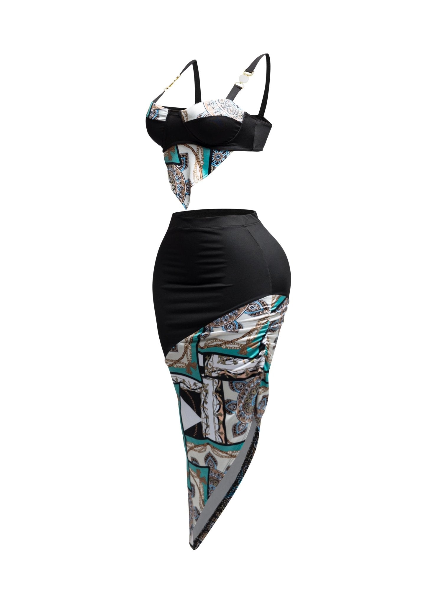 Santorini Contrast Fabric Top And Asymmetrical Skirt - Blaire Shops