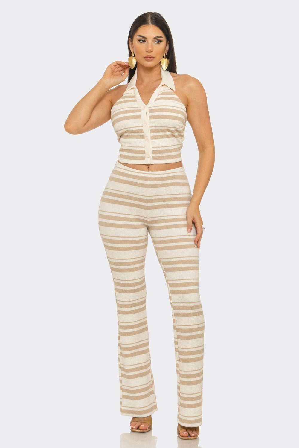 Santorini Stripe Halter Crop Top & Flare Pants Set - Blaire Shops