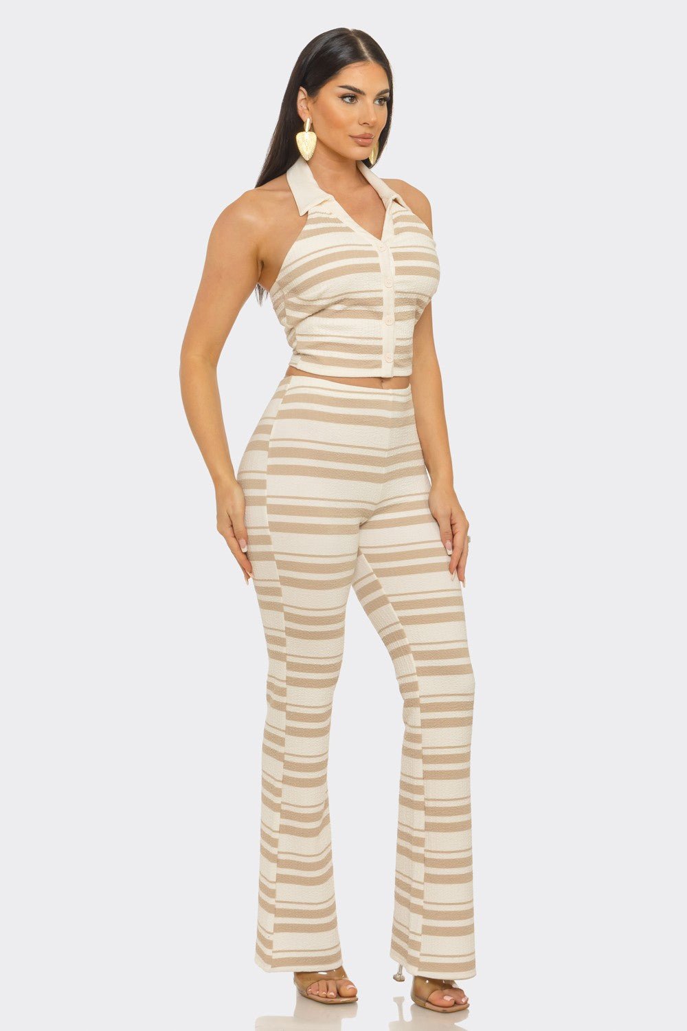 Santorini Stripe Halter Crop Top & Flare Pants Set - Blaire Shops