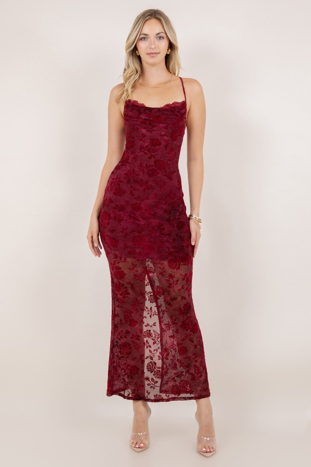 Scarlet Rose Sheer Lace Maxi Dress – Sexy Bodycon Slip Gown - Blaire Shops