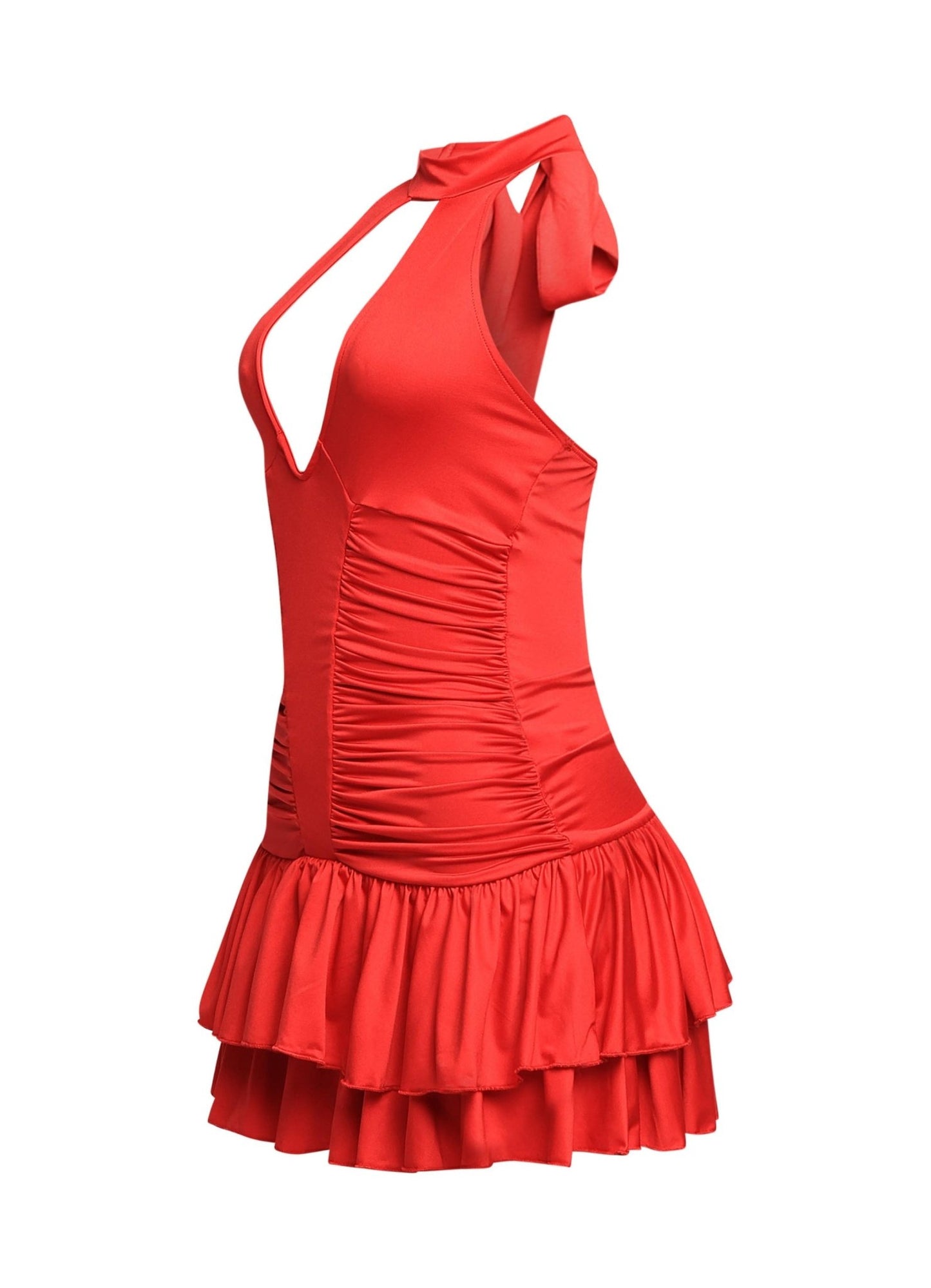 Scarlet Siren Shirred Halter Ruffle Mini Dress - Red DRESS for women Vacation Outfits Birthday Dresses Going Out Looks