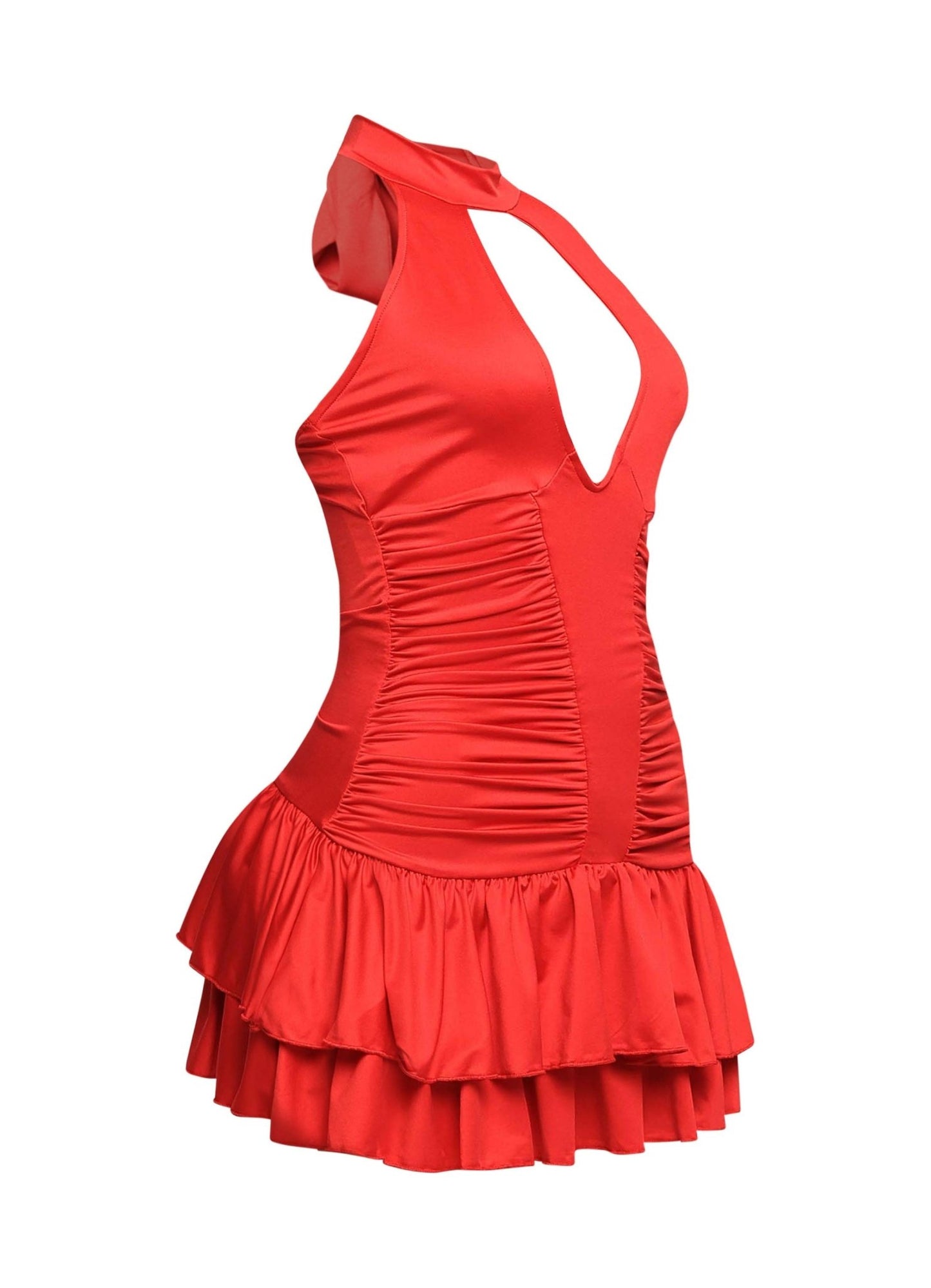 Scarlet Siren Shirred Halter Ruffle Mini Dress - Red DRESS for women Vacation Outfits Birthday Dresses Going Out Looks