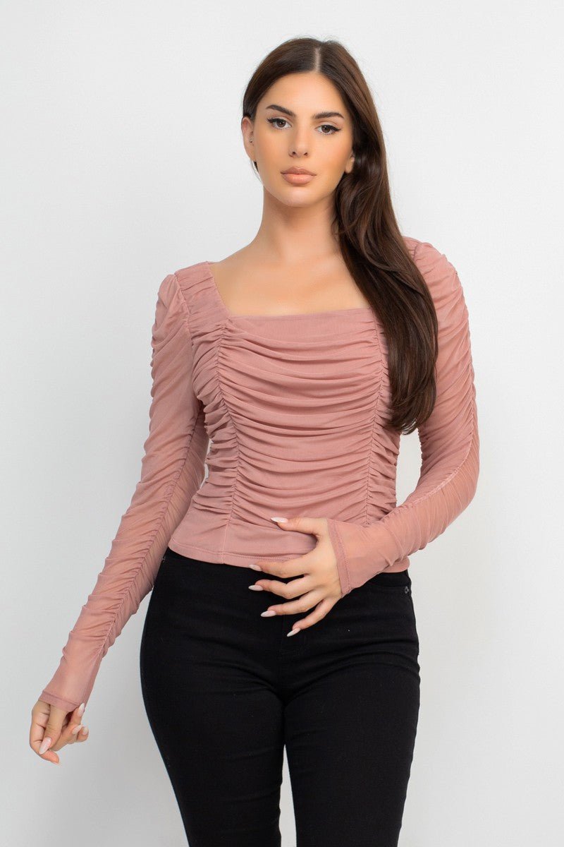 Sculpted Sheer Mauve Square - Neck Top - Blaire Shops