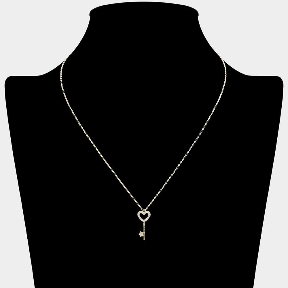 Secret Box™ 14K Gold Dipped Stone Paved Heart Key Pendant Necklace - Blaire Shops