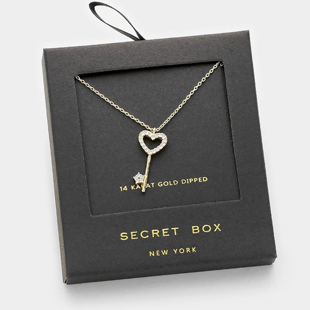 Secret Box™ 14K Gold Dipped Stone Paved Heart Key Pendant Necklace - Blaire Shops