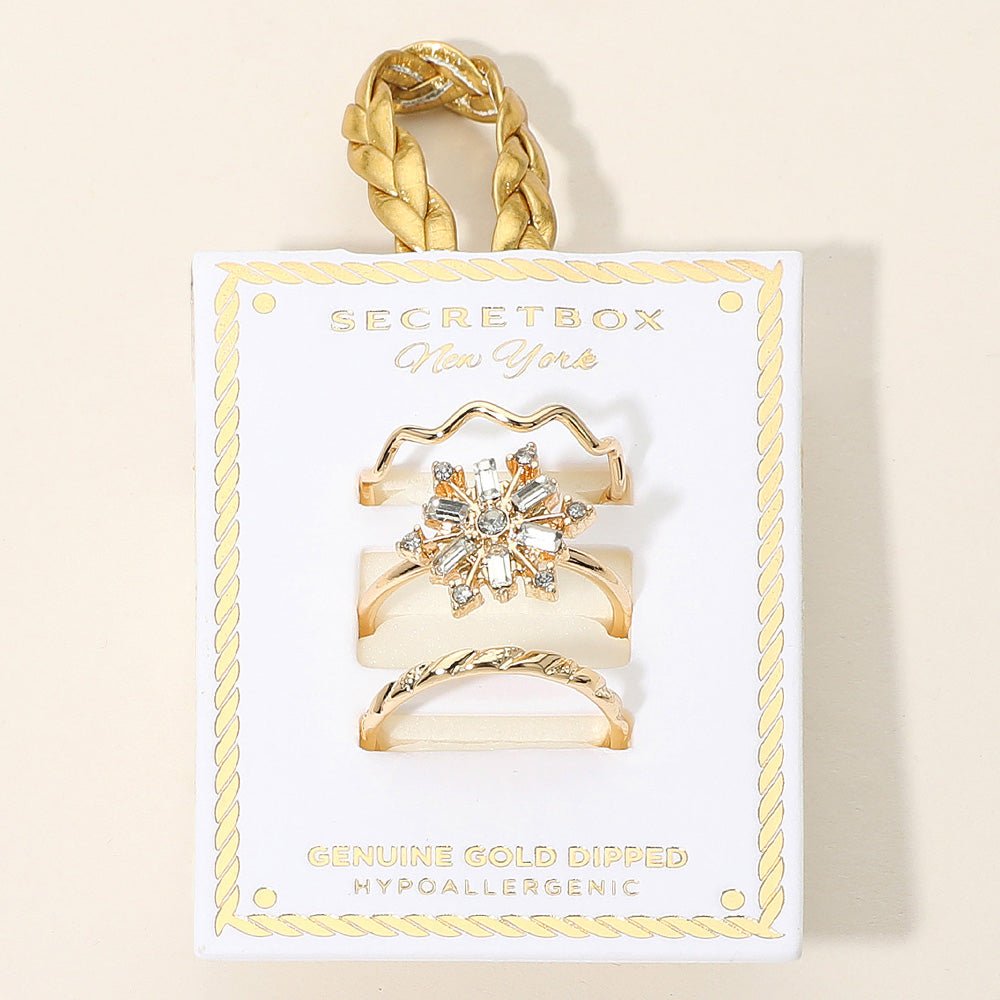 SECRET BOX™ 3PCS Genuine Gold Dipped Crystal Snowflake Accent Ring Set - Blaire Shops