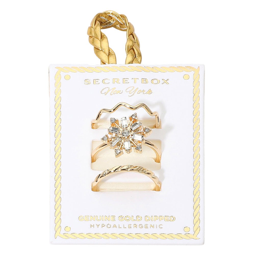 SECRET BOX™ 3PCS Genuine Gold Dipped Crystal Snowflake Accent Ring Set - Blaire Shops