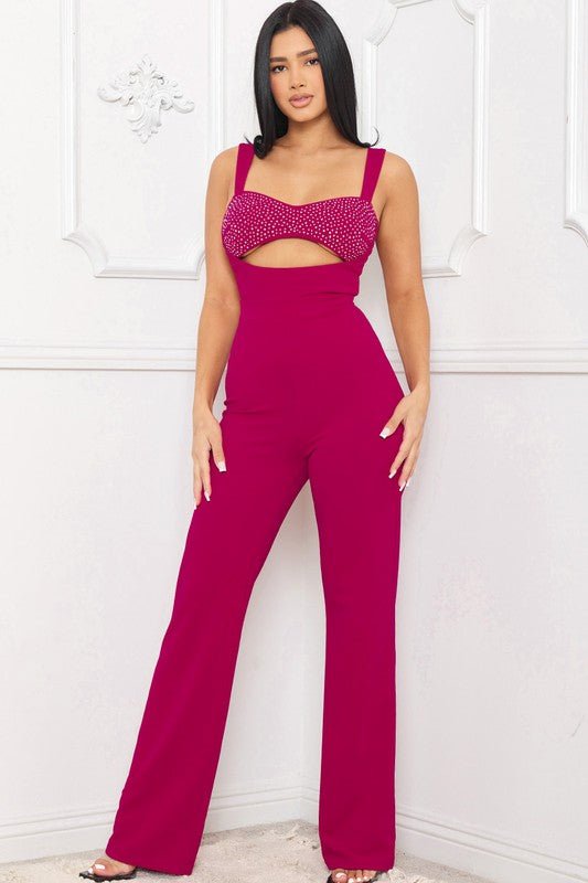 SELENA RHINESTONE BUST DETAIL CUTOUT FUSHIA JUMPSUIT - Blaire Shops