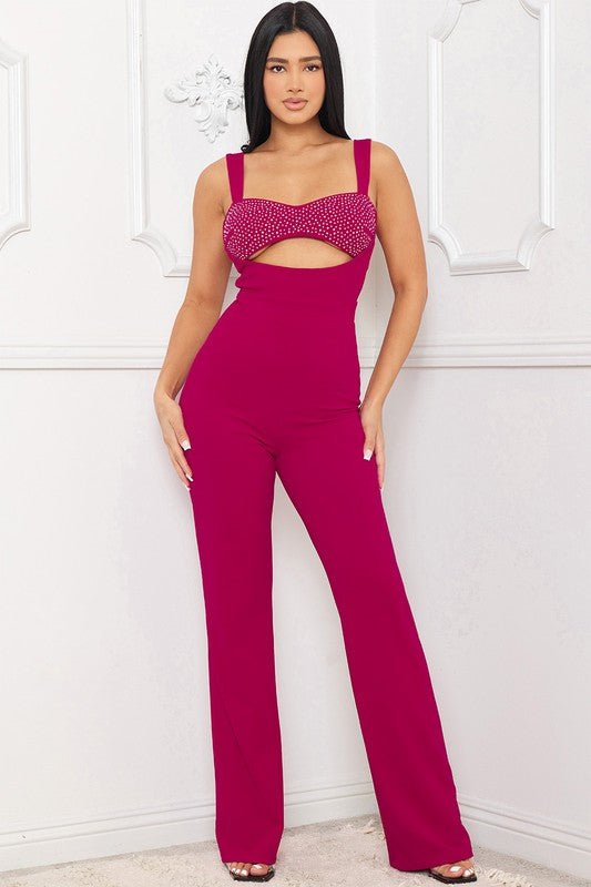 SELENA RHINESTONE BUST DETAIL CUTOUT FUSHIA JUMPSUIT - Blaire Shops