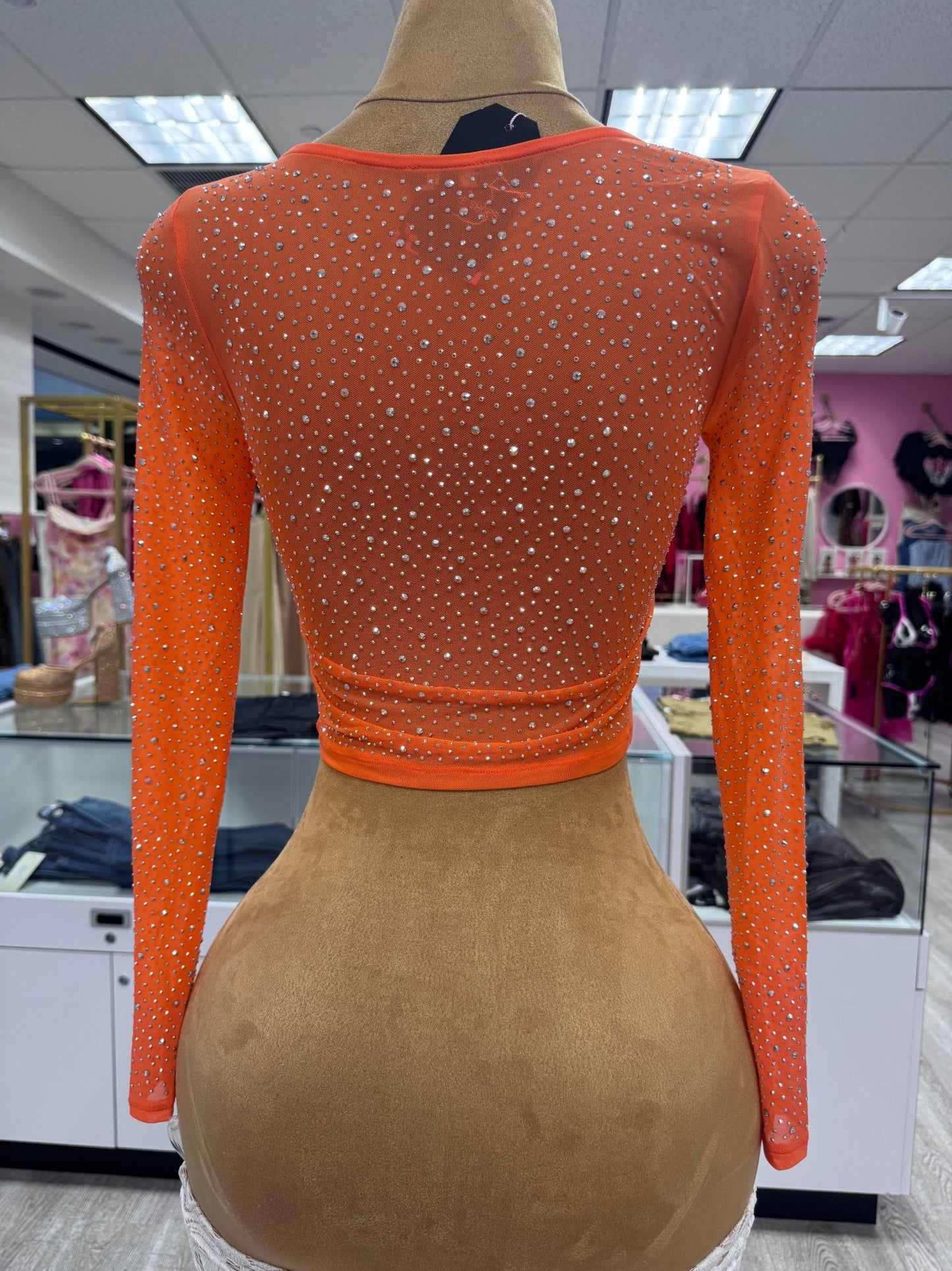 Seline Corset Mesh Long Sleeve Rhinestone Top - Blaire Shops