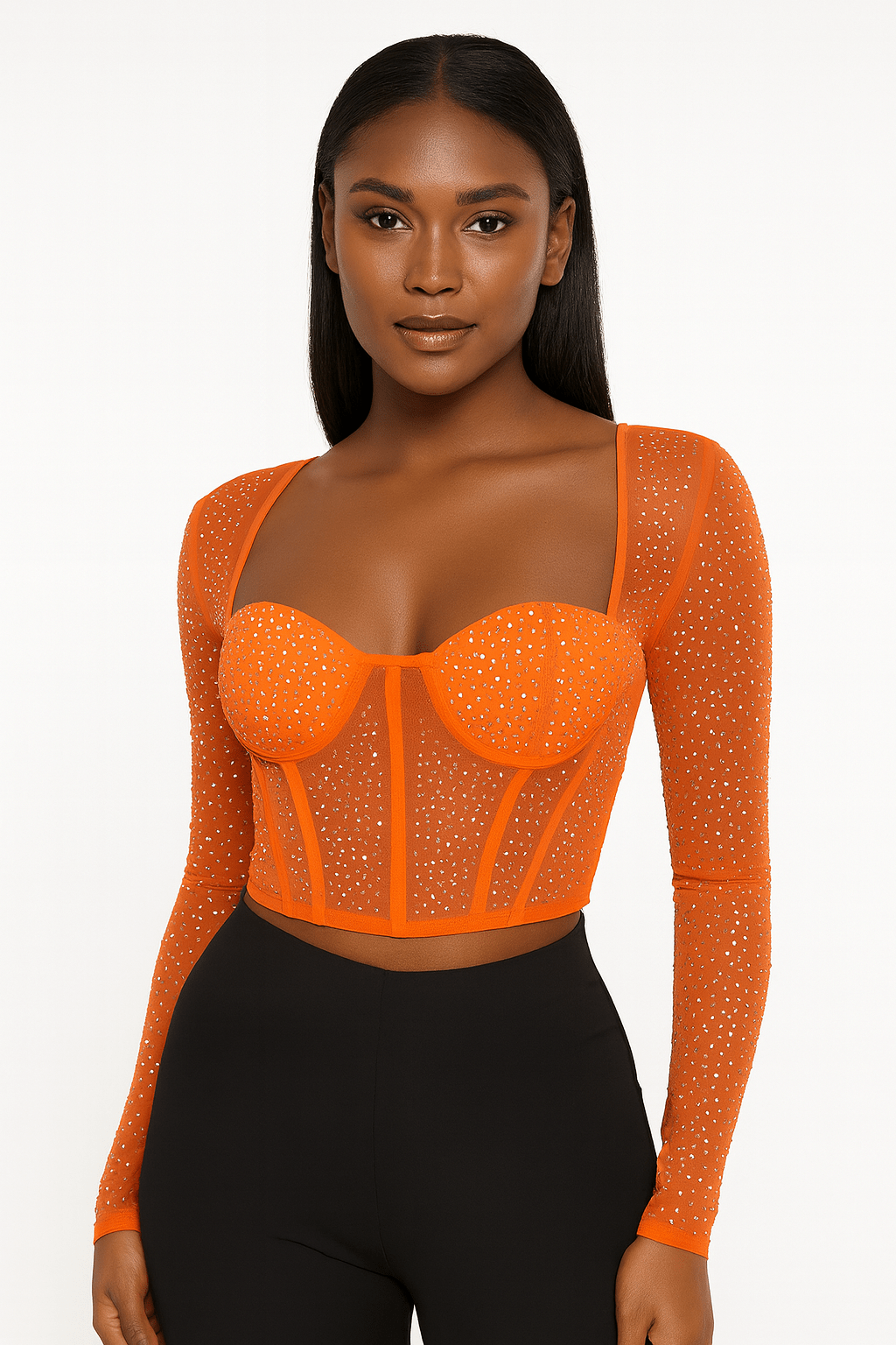 Seline Corset Mesh Long Sleeve Rhinestone Top - Blaire Shops