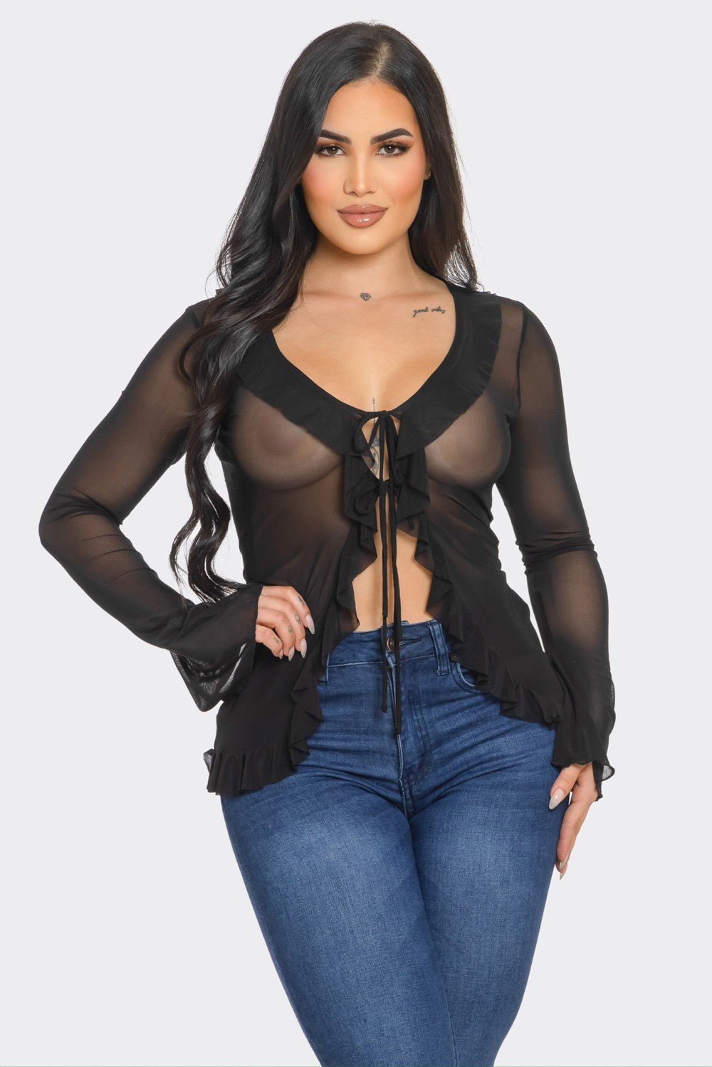 Selma Sheer Long Sleeve Front Tie Cardigan With Ruffle - Blaire Shops