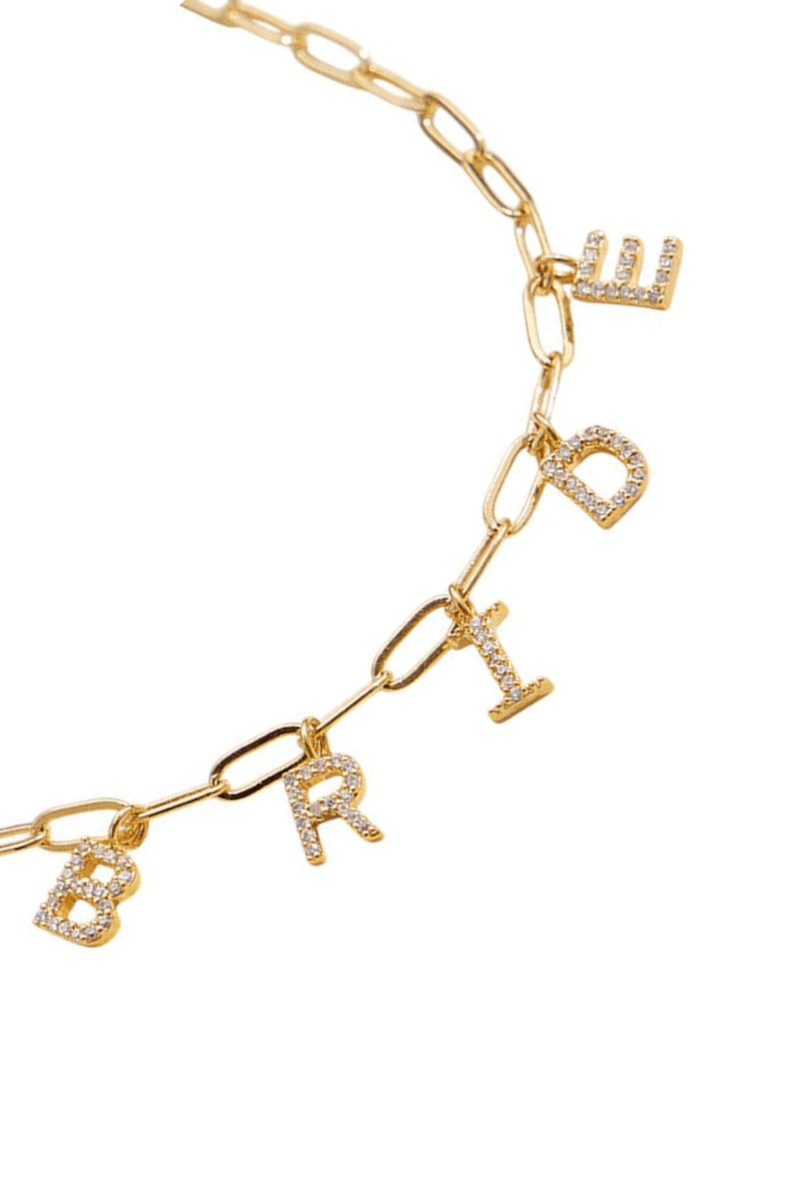 Semi Fine Collection - 18K Gold Dipped Brass Metal Stone Paved BRIDE Monogram Charm Paperclip Chain Necklace - Blaire Shops