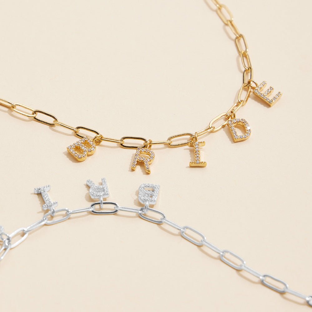 Semi Fine Collection - 18K Gold Dipped Brass Metal Stone Paved BRIDE Monogram Charm Paperclip Chain Necklace - Blaire Shops