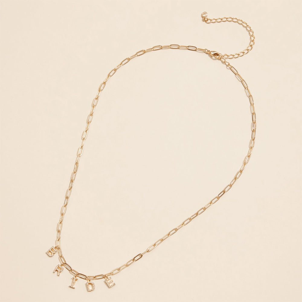 Semi Fine Collection - 18K Gold Dipped Brass Metal Stone Paved BRIDE Monogram Charm Paperclip Chain Necklace - Blaire Shops