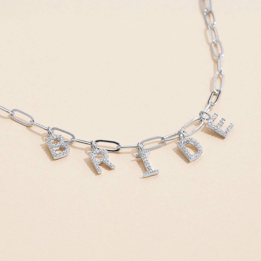 Semi Fine Collection - 18K Gold Dipped Brass Metal Stone Paved BRIDE Monogram Charm Paperclip Chain Necklace - Silver Necklace for women Vacation Outfits Birthday Dresses Going Out Looks