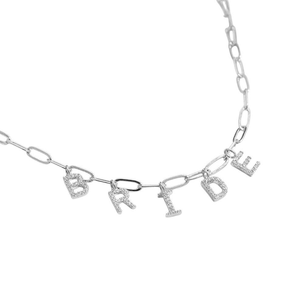 Semi Fine Collection - 18K Gold Dipped Brass Metal Stone Paved BRIDE Monogram Charm Paperclip Chain Necklace - Blaire Shops