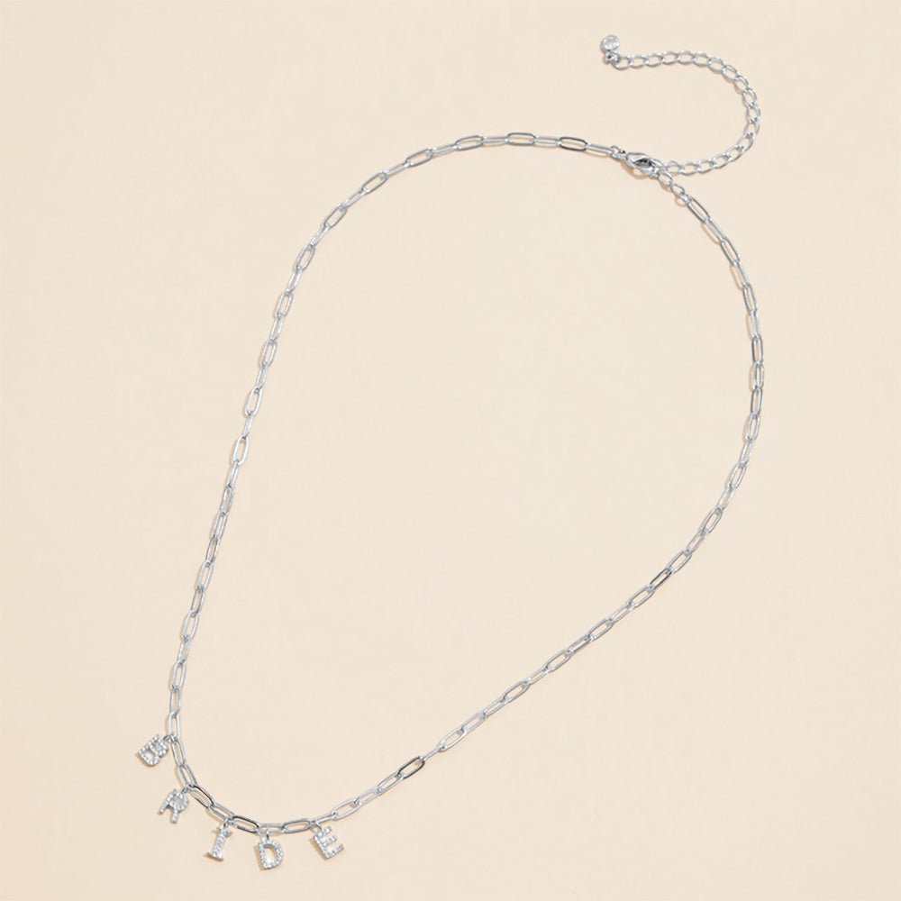 Semi Fine Collection - 18K Gold Dipped Brass Metal Stone Paved BRIDE Monogram Charm Paperclip Chain Necklace - Blaire Shops