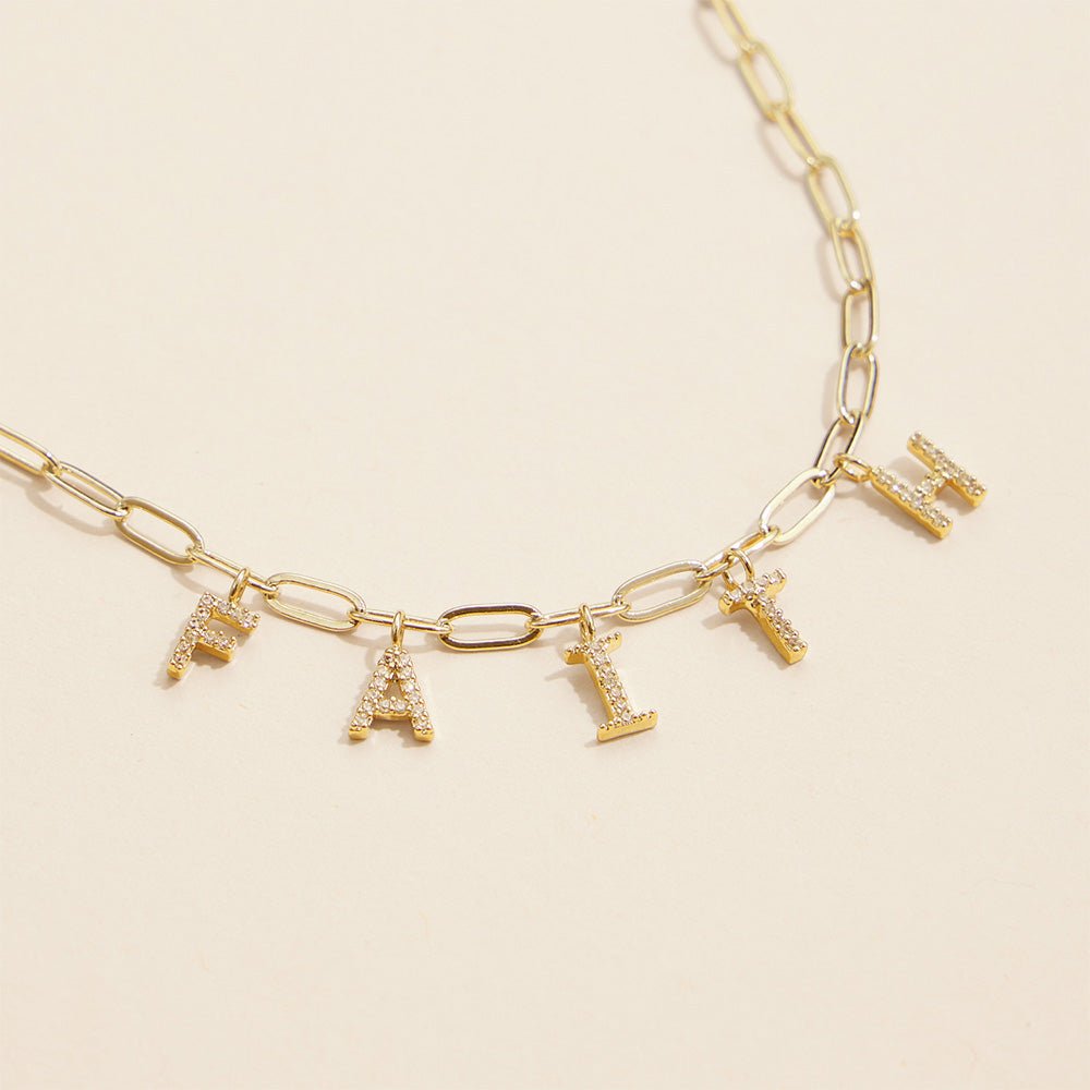 Semi Fine Collection – 18K Gold Dipped FAITH Monogram Charm Paperclip Chain Necklace - Blaire Shops