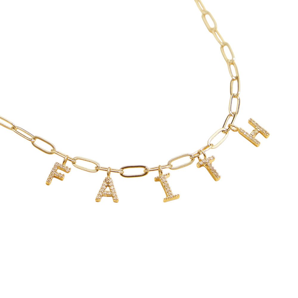 Semi Fine Collection – 18K Gold Dipped FAITH Monogram Charm Paperclip Chain Necklace - Blaire Shops