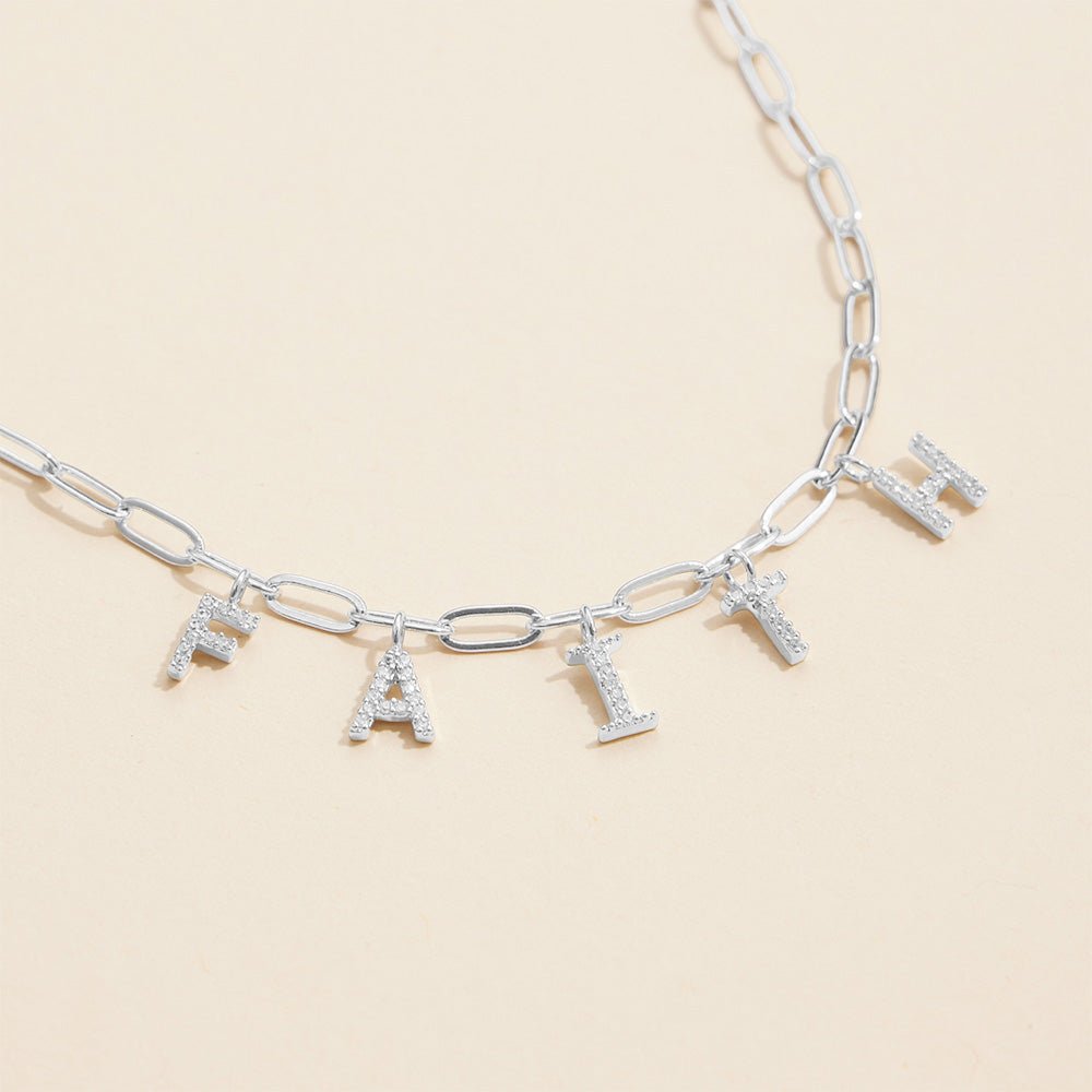 Semi Fine Collection – 18K Gold Dipped FAITH Monogram Charm Paperclip Chain Necklace - Blaire Shops