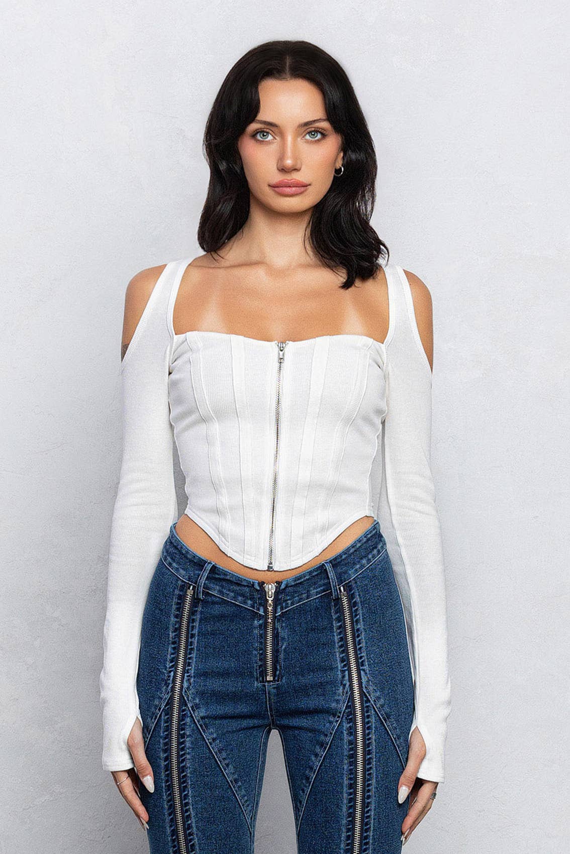Serenity Ribbed Cut - Out Bustier Top – Square Neck and Thumbhole Sleeves - Blaire Shops