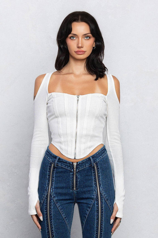 Serenity Ribbed Cut - Out Bustier Top – Square Neck and Thumbhole Sleeves - Blaire Shops