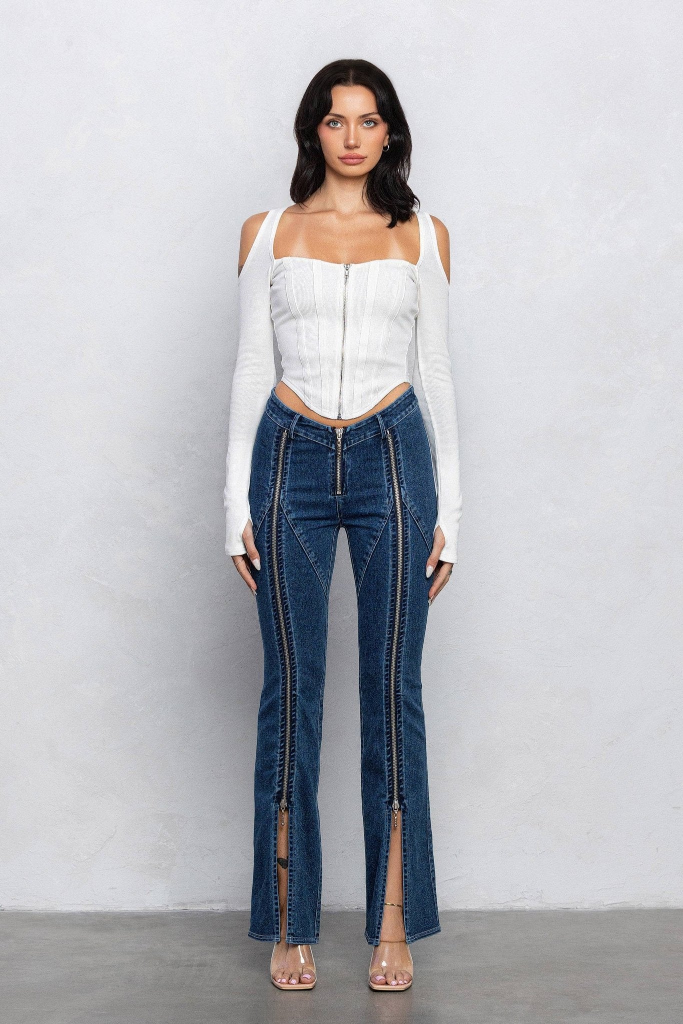 Serenity Ribbed Cut - Out Bustier Top – Square Neck and Thumbhole Sleeves - Blaire Shops