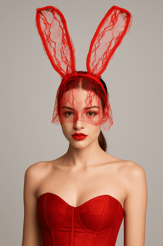 Sexy Veiled Floral Laced Bunny Ears Halloween Headband - Red accessories for women Vacation Outfits Birthday Dresses Going Out Looks